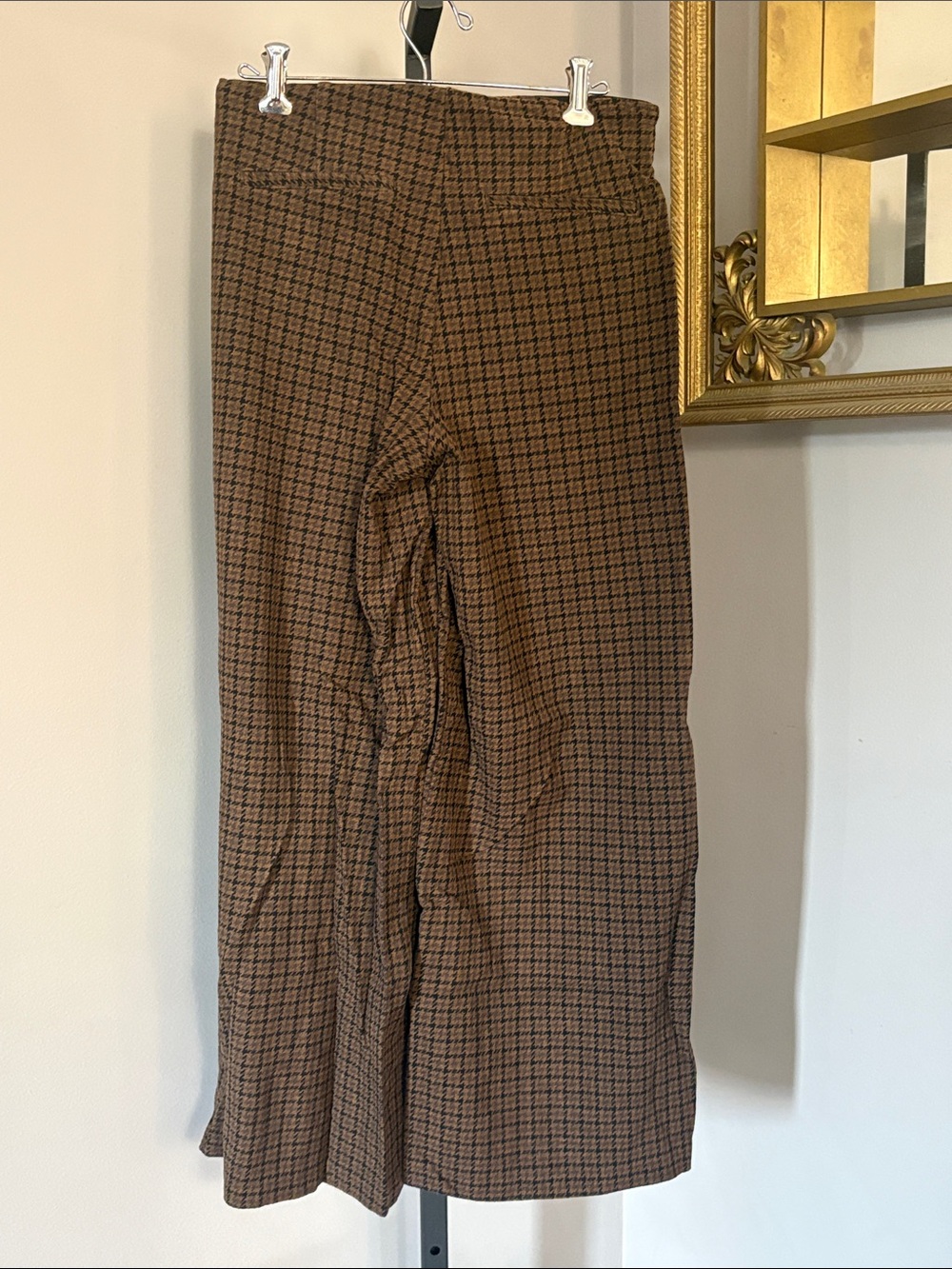 High Rise Pixie Wide Leg Small Petite Brown Houndstooth Pants - Picture 3 of 5